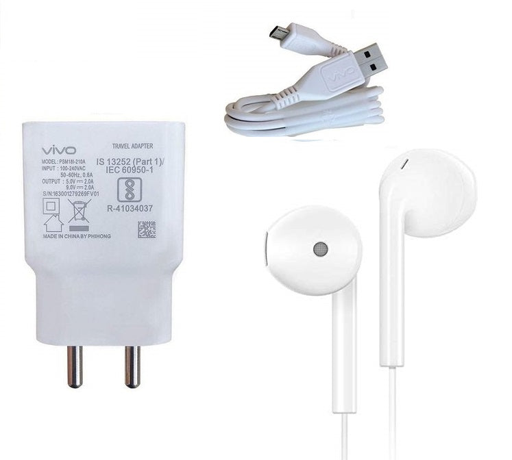 Vivo Combo Of 3Amp Fast Charger With Micro Usb Data Cable And Earphone White