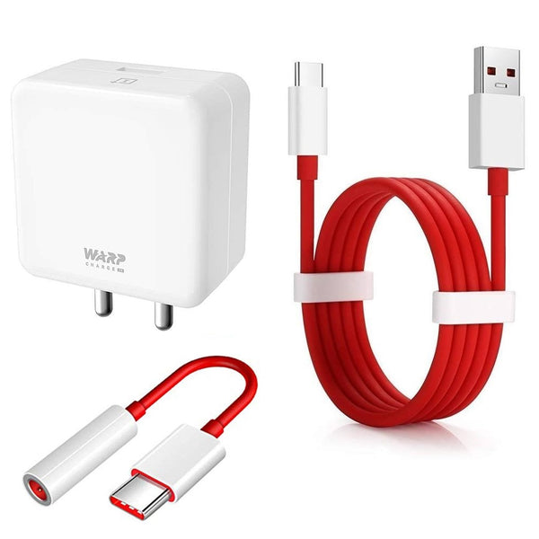 Oneplus Combo Of 30W Warp Charger With Type-C Data Cable And Headphone Jack connector Red